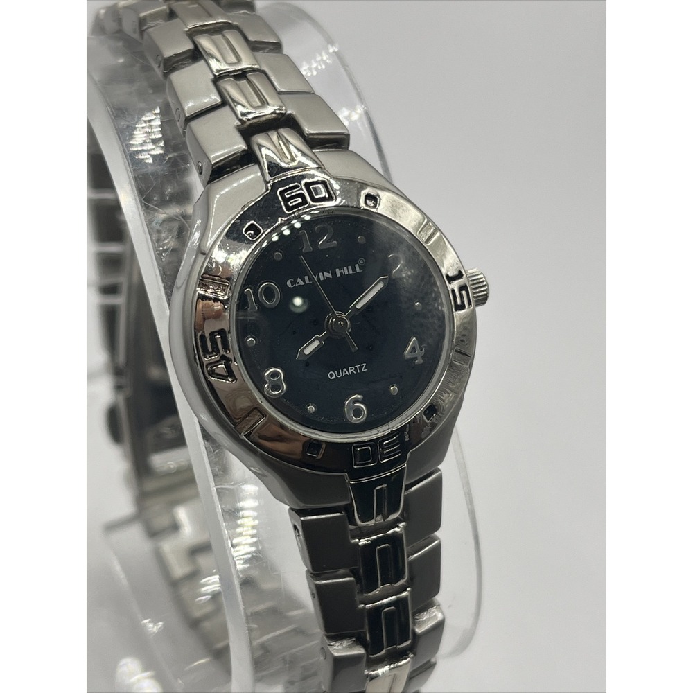 Calvin Hill Women's‎ Silver Quartz Analog Watch Black Dial- New Battery!